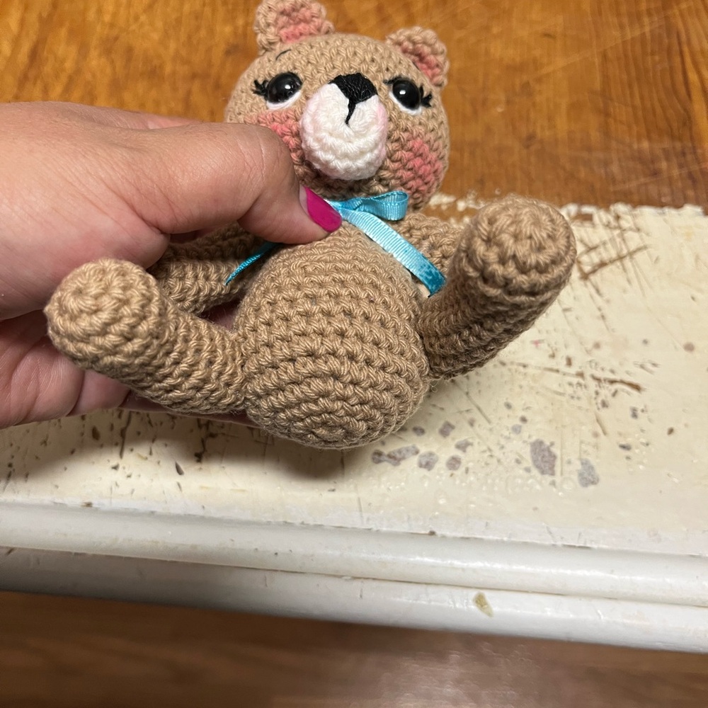 Handmade Crochet Bear with Blue Bow - Picture 4 of 6